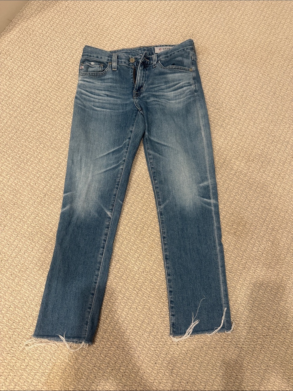 Ag Light Blue Wash with distressed bottomed, X-boyfriend Slim Cropped